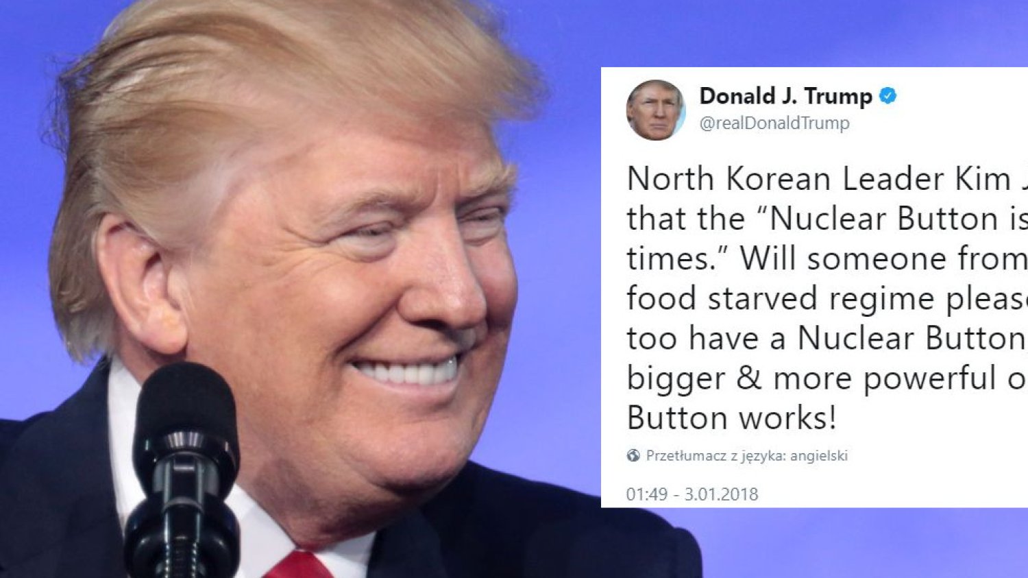 Kompleks małego czerwonego guzika nie wybiera. Dlatego Donald Trump MUSIAŁ zareagować na pogłoski, że Kim Dzong Un na większego i trzyma go ciągle na biurku.