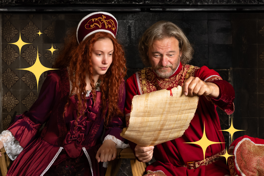 Król i królowa czytają pergamin