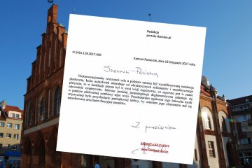 Odpowiedź urzędniczki na tle ratusza miejskiego w Kamieniu Pomorskim