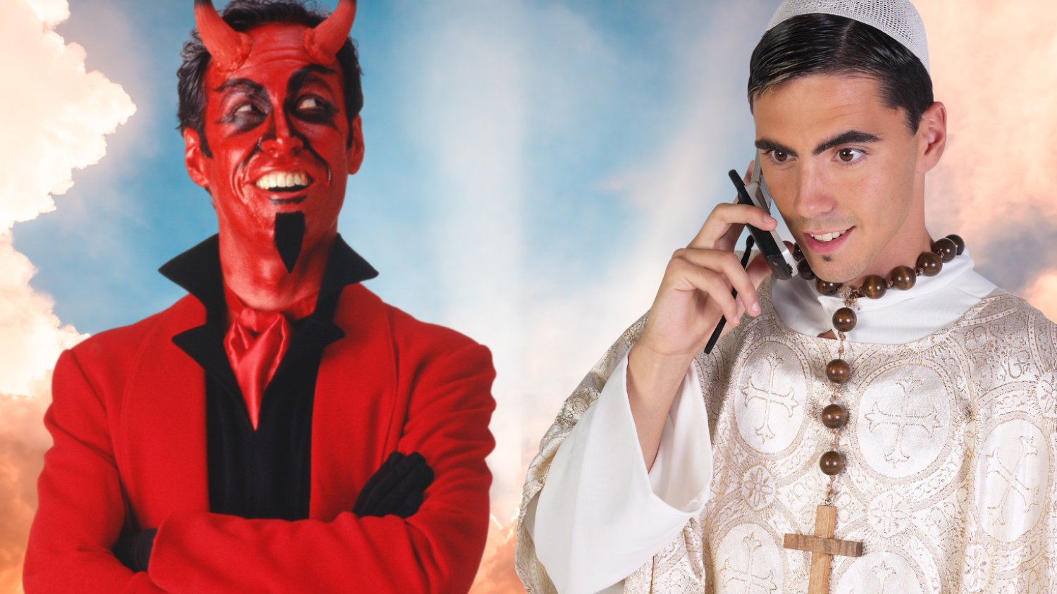Na zdjęciu widzimy diabła oraz księdza rozmawiającego przez telefon.