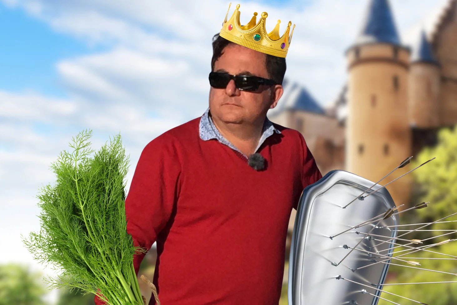 Na zdjęciu widzimy Roberta Makłowicza w koronie na tle zamku.