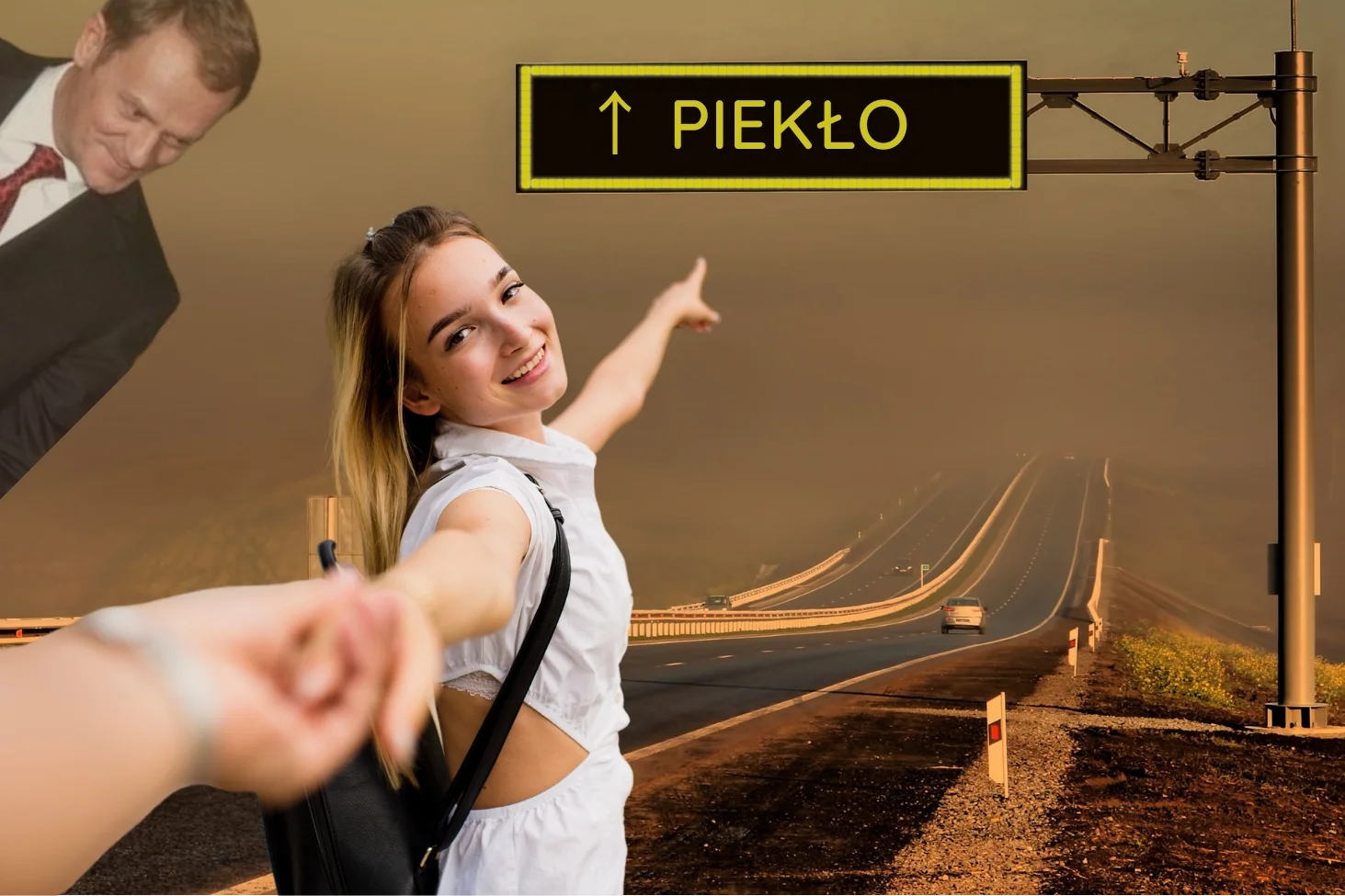 Na zdjęciu widzimy młodą kobietę, która wesoło idzie w stronę piekła. W tle widzimy uśmiechniętego Donalda Tuska.