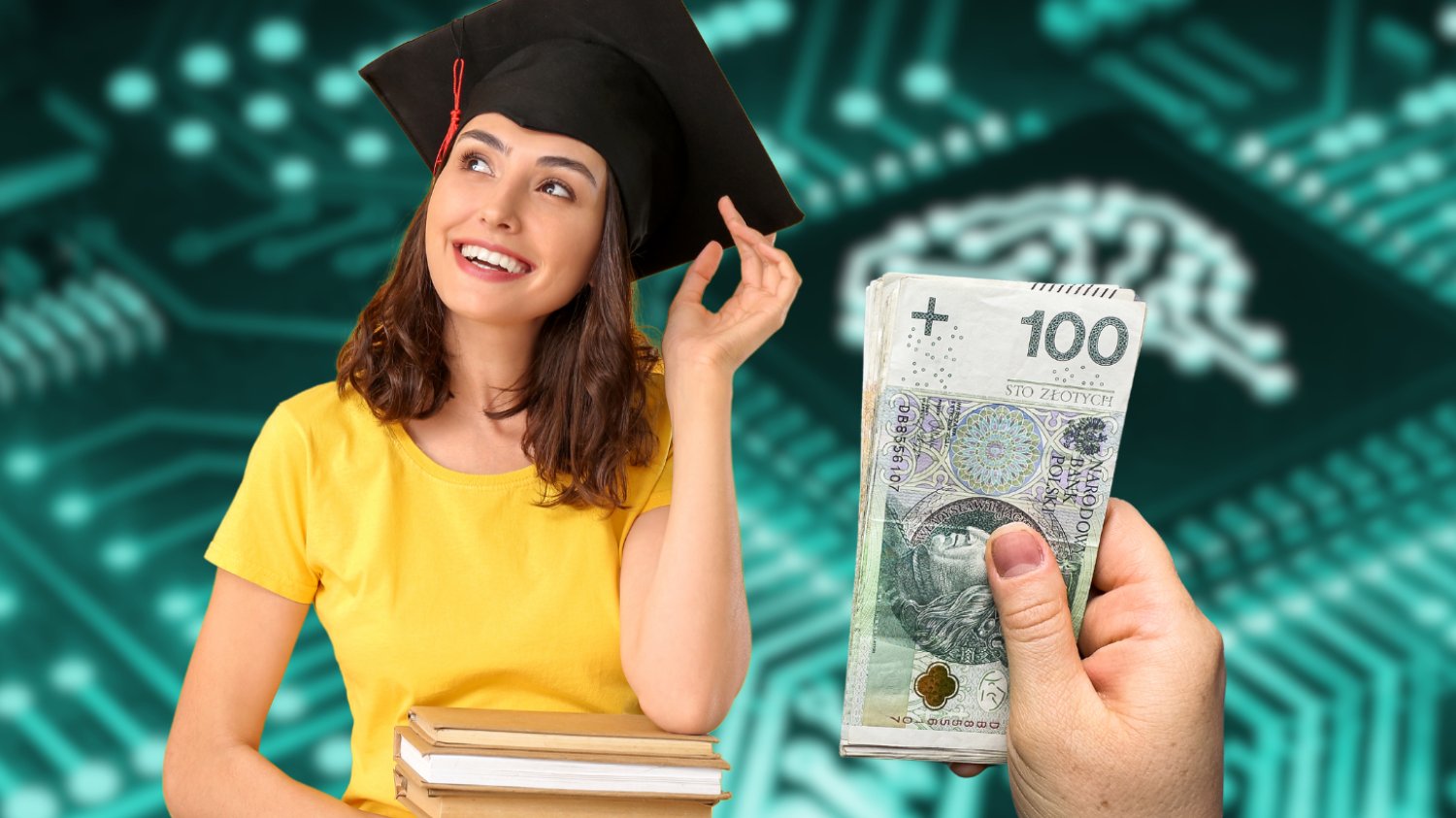 na zdjęciu widać studentkę na tle chipu sztucznej inteligencji i rękę podającą jej 100 zł
