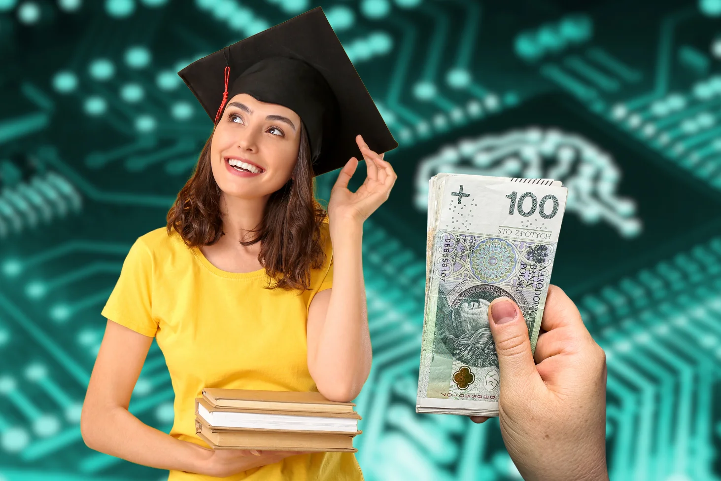 na zdjęciu widać studentkę na tle chipu sztucznej inteligencji i rękę podającą jej 100 zł