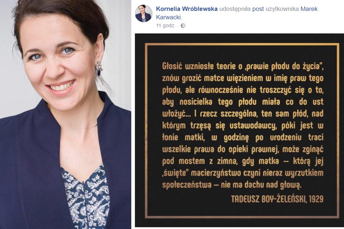 Posłanka Nowoczesnej Kornelia Wróblewska nie głosowała za #RatujmyKobiety, bo wrzucała na FB cytat o prawach kobiet.