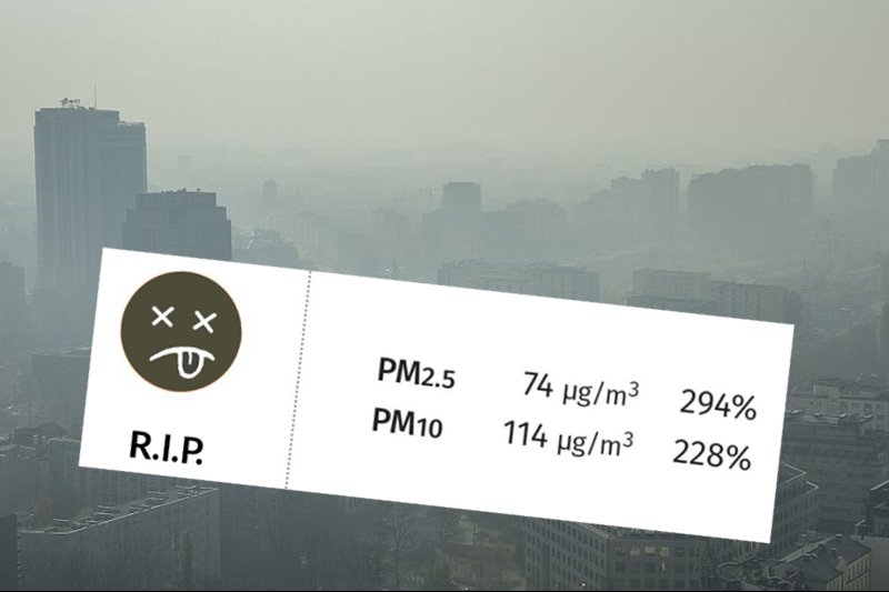 Martwa buźka z aplikacji mierzącej jakość powietrza na tle Warszawy w smogu.