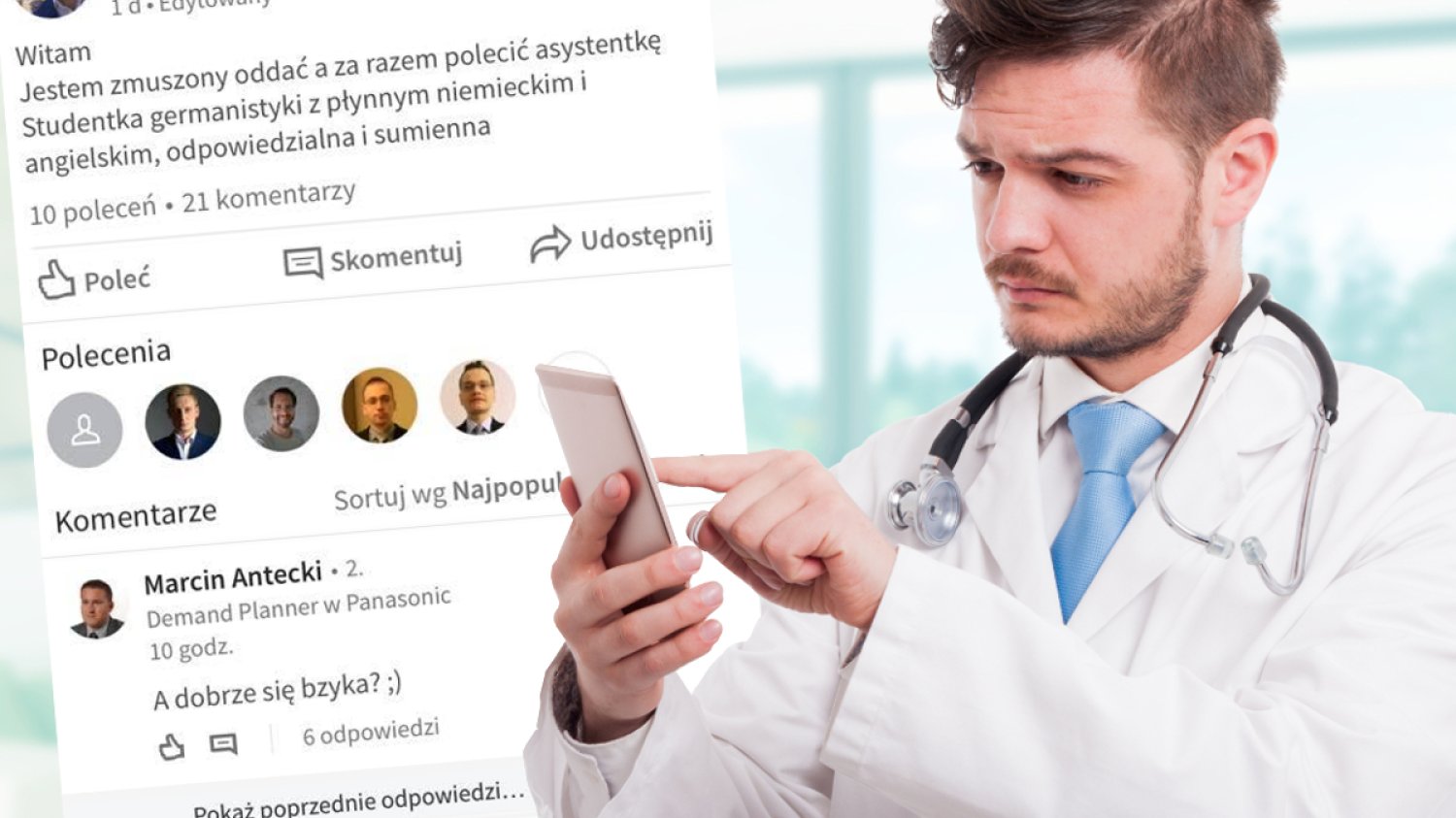 Nowo poznany znajomy ze szpitala komentuje na LinkedIn.