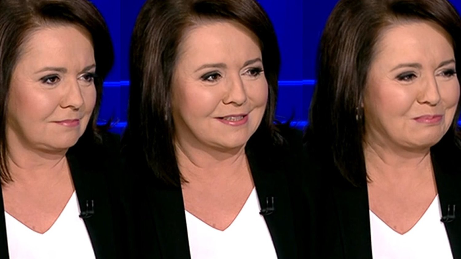 Danuta Holecka chwilę po znalezieniu szczęścia w studiu TVP Info.