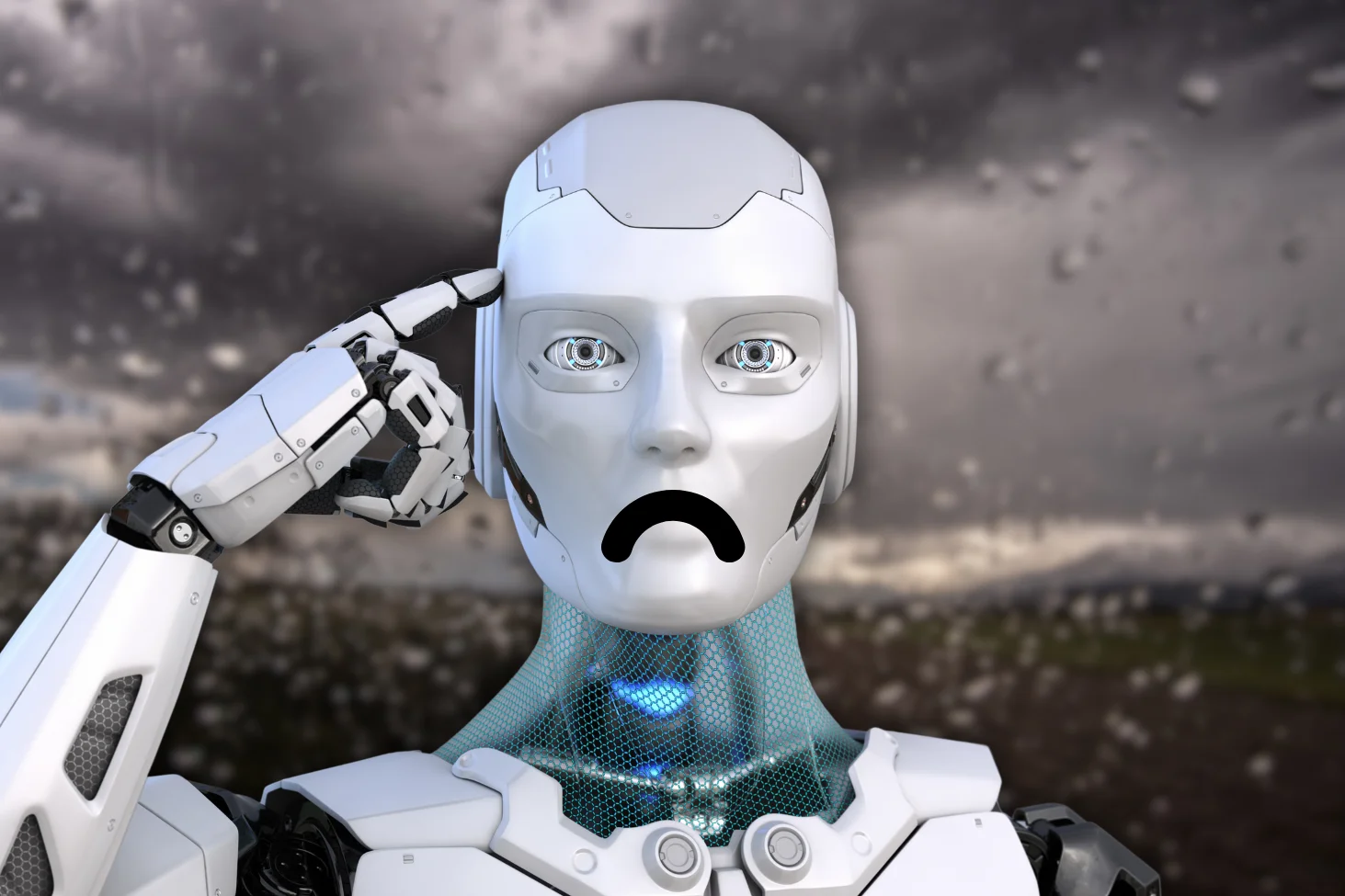 Na zdjęciu widzimy smutnego robota na tle deszczowego krajobrazu.