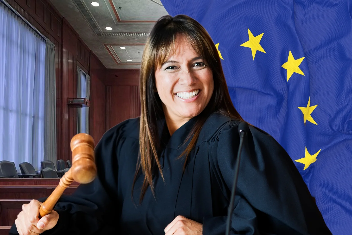 Na zdjęciu widzimy sędzinę na tle flagi Unii Europejskiej.