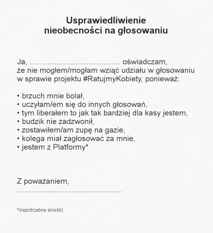 Usprawiedliwienie dla nieobecnych posłów Nowoczesnej i PO. Może przydać się w kolejnych miesiącach.