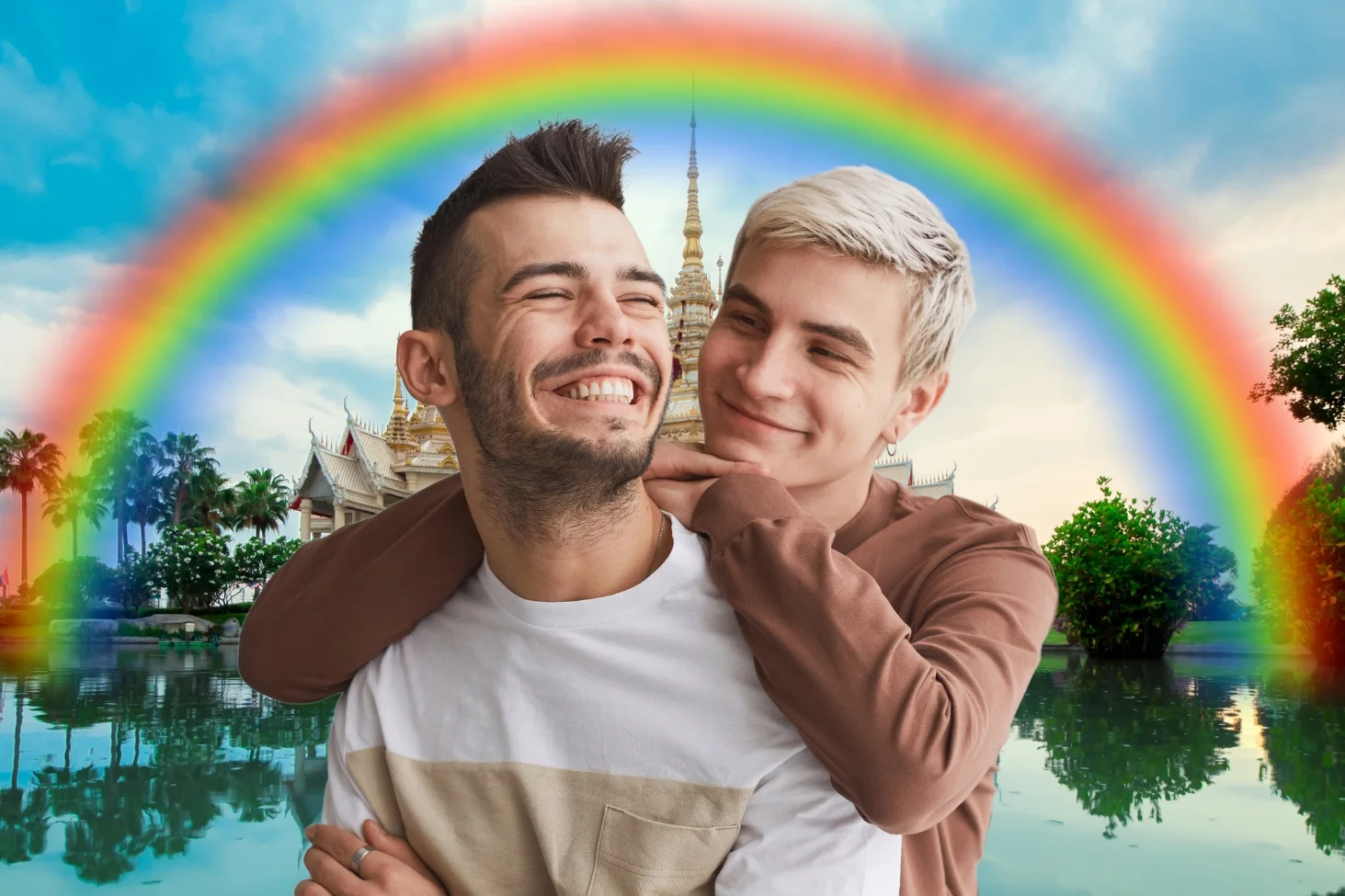 Na zdjęciu widzimy dwóch mężczyzn pod tęczą.
