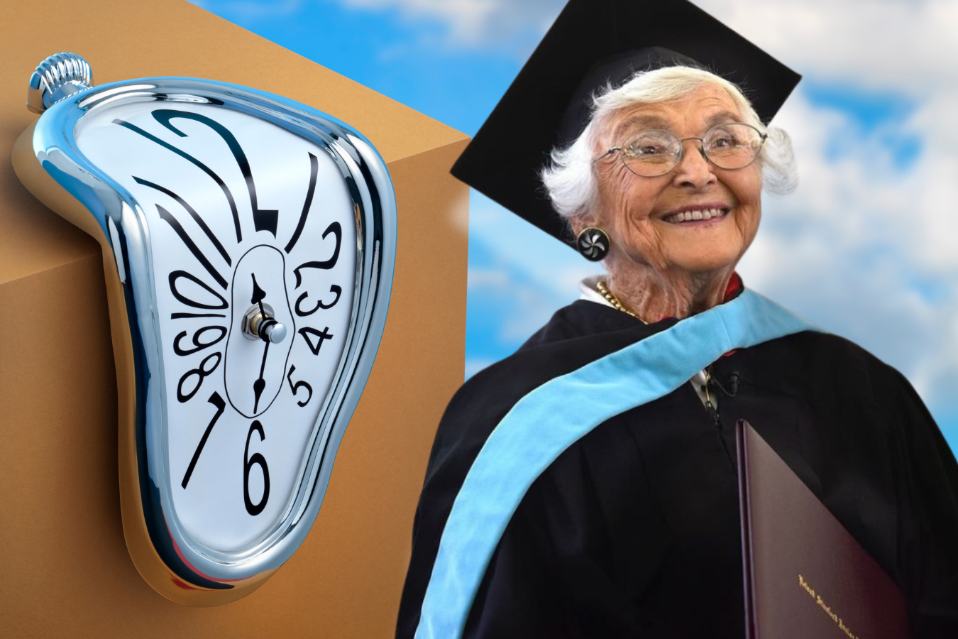 Na zdjęciu widzimy uśmiechniętą starszą kobietę, w stroju absolwentki amerykańskiej uczelni. W tle fragment obrazu Salvadora Dali z wygiętym zegarem..
