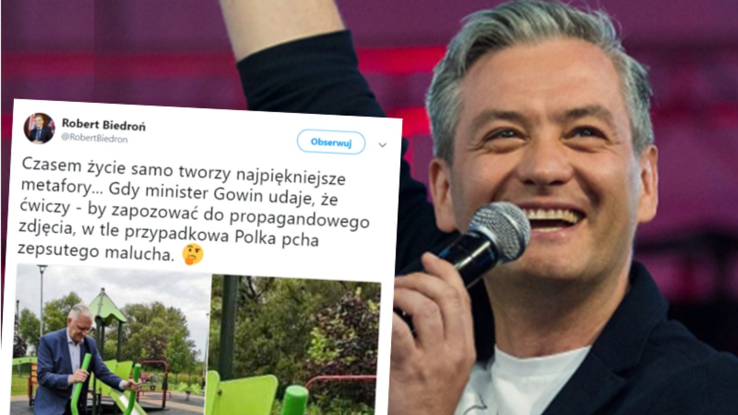 Robert Biedroń dostrzegł w zdjęciu Gowina idealną metaforę Polski.