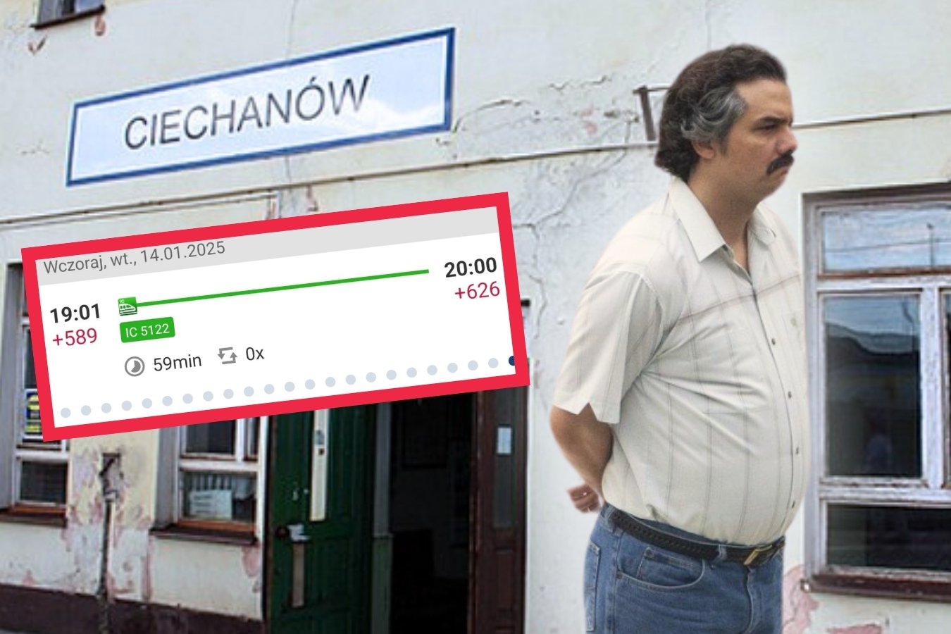 Na zdjęciu widzimy serialową postać smutnego Pablo Escobara na tle dworca w Ciechanowie.
