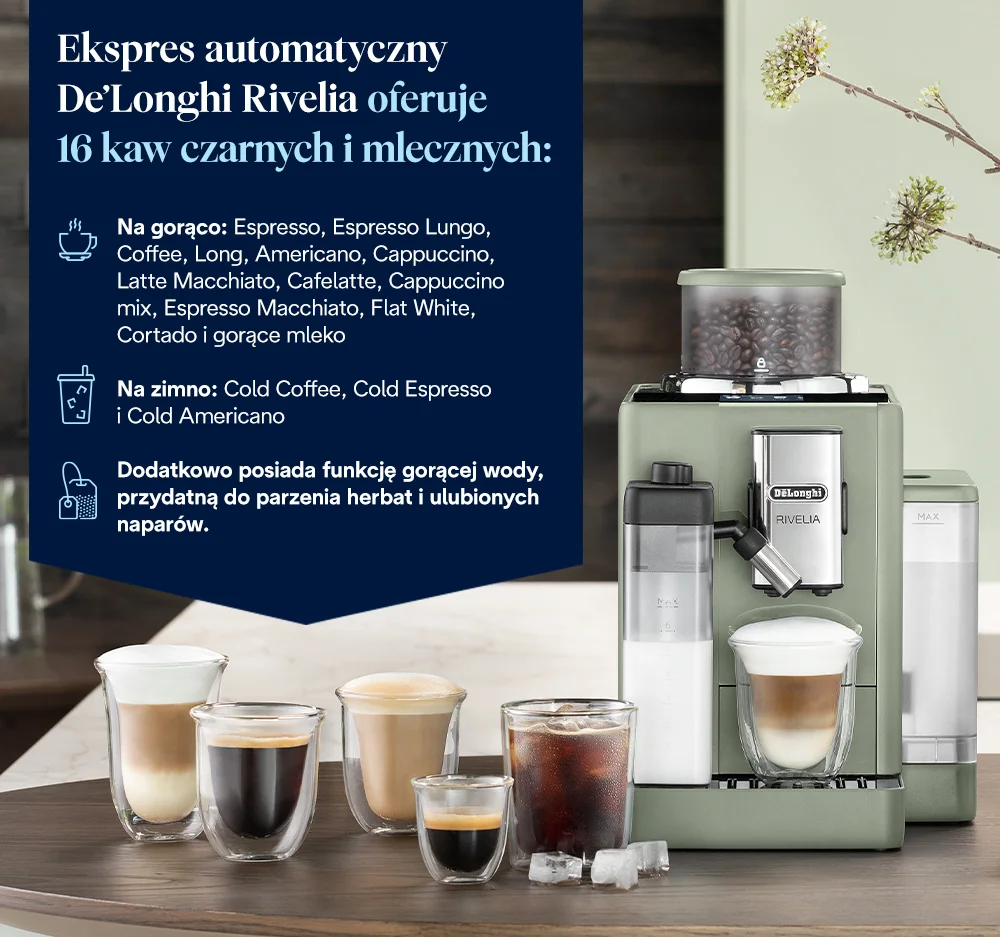 Ekspres automatyczny De’Longhi Rivelia oferuje 16 kaw czarnych i mlecznych